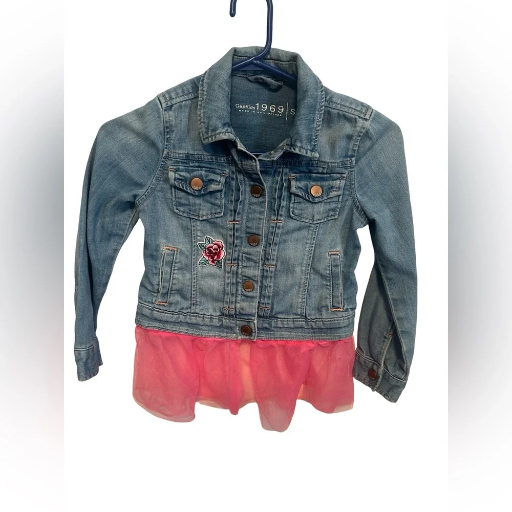 GAP Light Wash Denim Jacket with Pink Floral Panel and Pink Tulle Hem